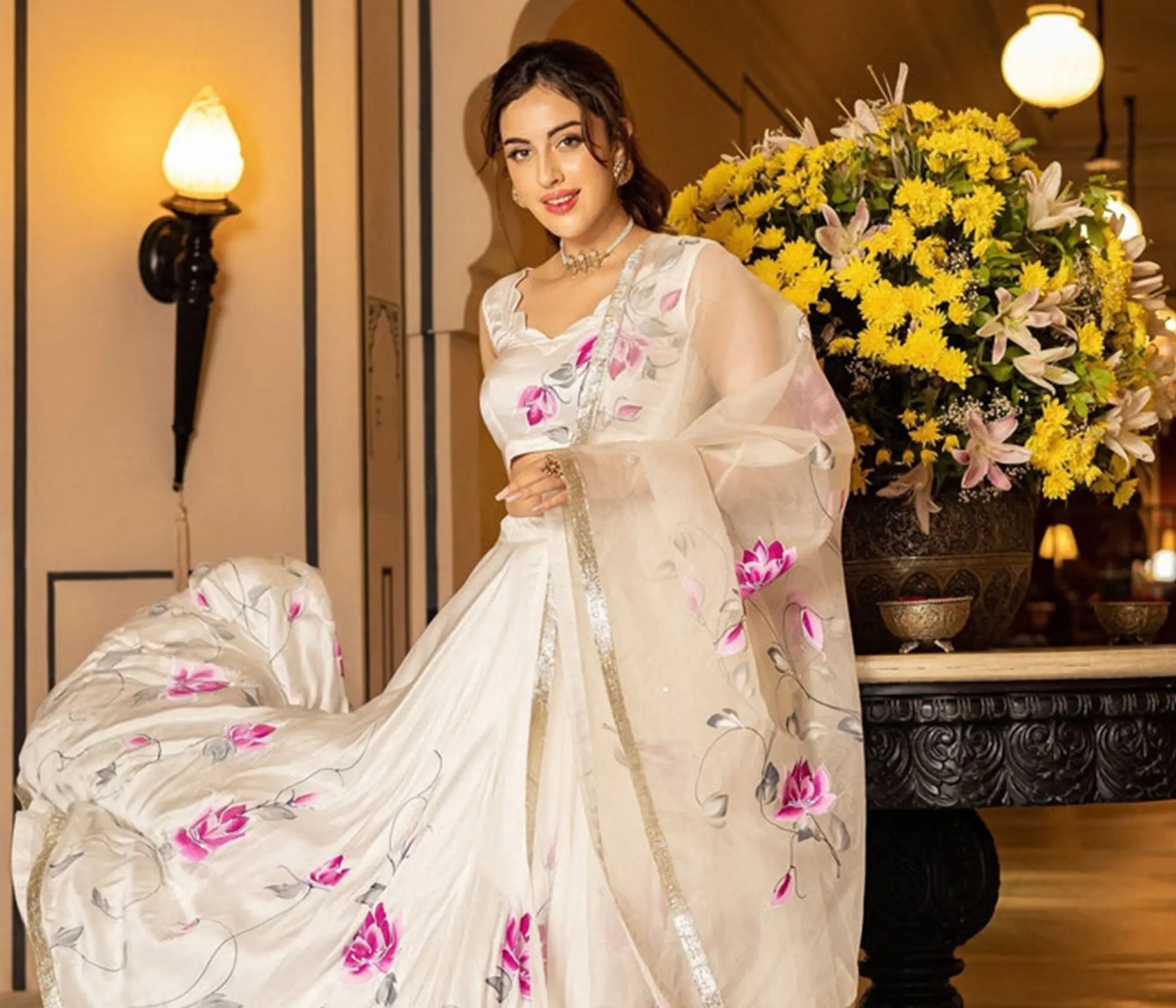 Hand Painted Ivory Floral Lehenga Set for Women | Designer Artisan Lehenga